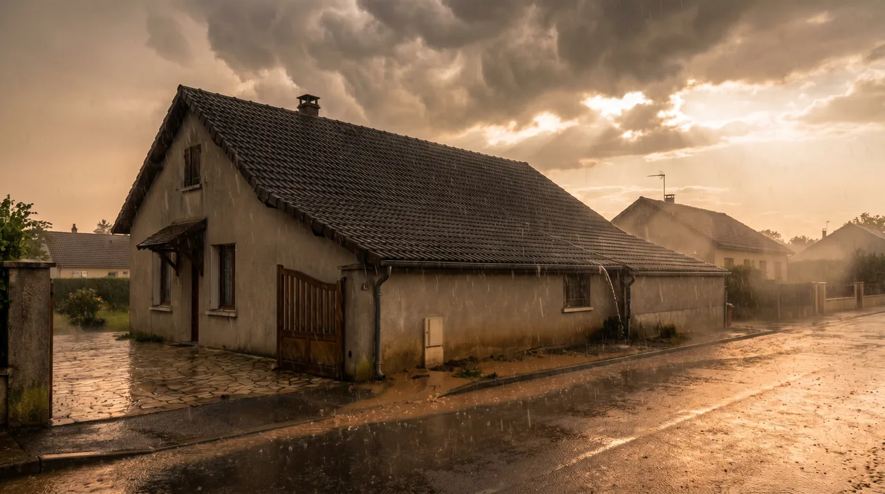 Maison française sous un orage violent après une canicule, rue mouillée et flaques près des fondations