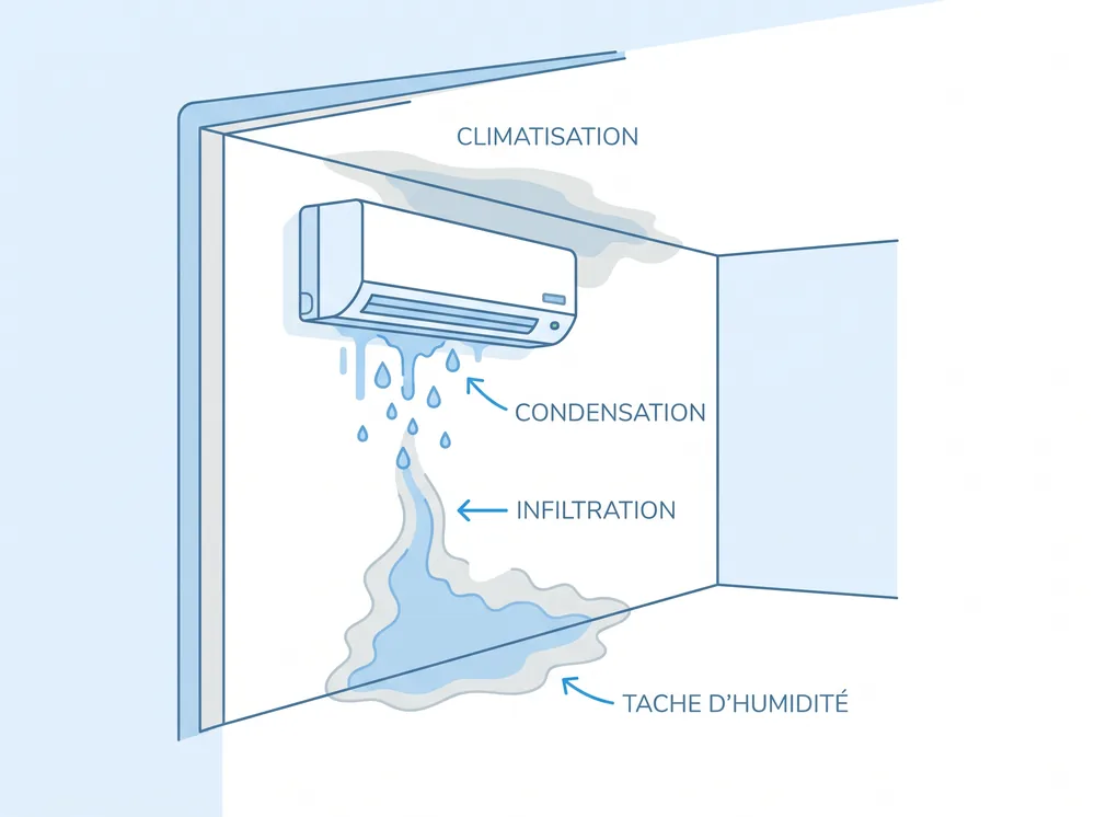 Schéma : une climatisation provoque condensation, infiltration et tache d'humidité sur le mur